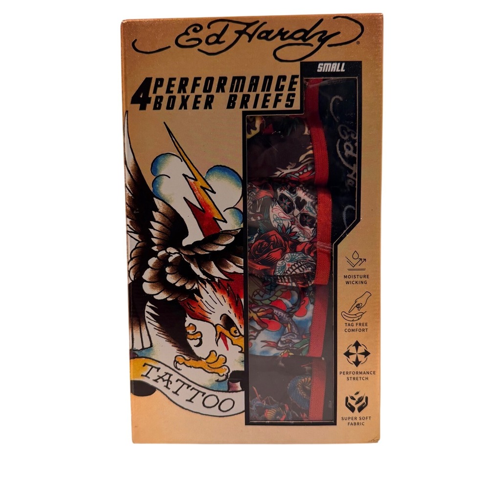 Ed Hardy Performance Boxer Briefs 4 Pack (SM 28-30) Stretch Skulls Roses Tattoo